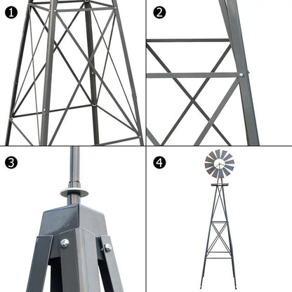 8ft Green Iron Garden Windmill with Weathervane – Outdoor Decorative Spinner, 4-Leg Vertical Yard Ornament | BRG - BRG | Backyard Raise & Grow - 8ft windmill, decorative yard spinner, farmhouse decor, garden windmill, green windmill, iron windmill, outdoor windmill, vertical garden decor, weathervane