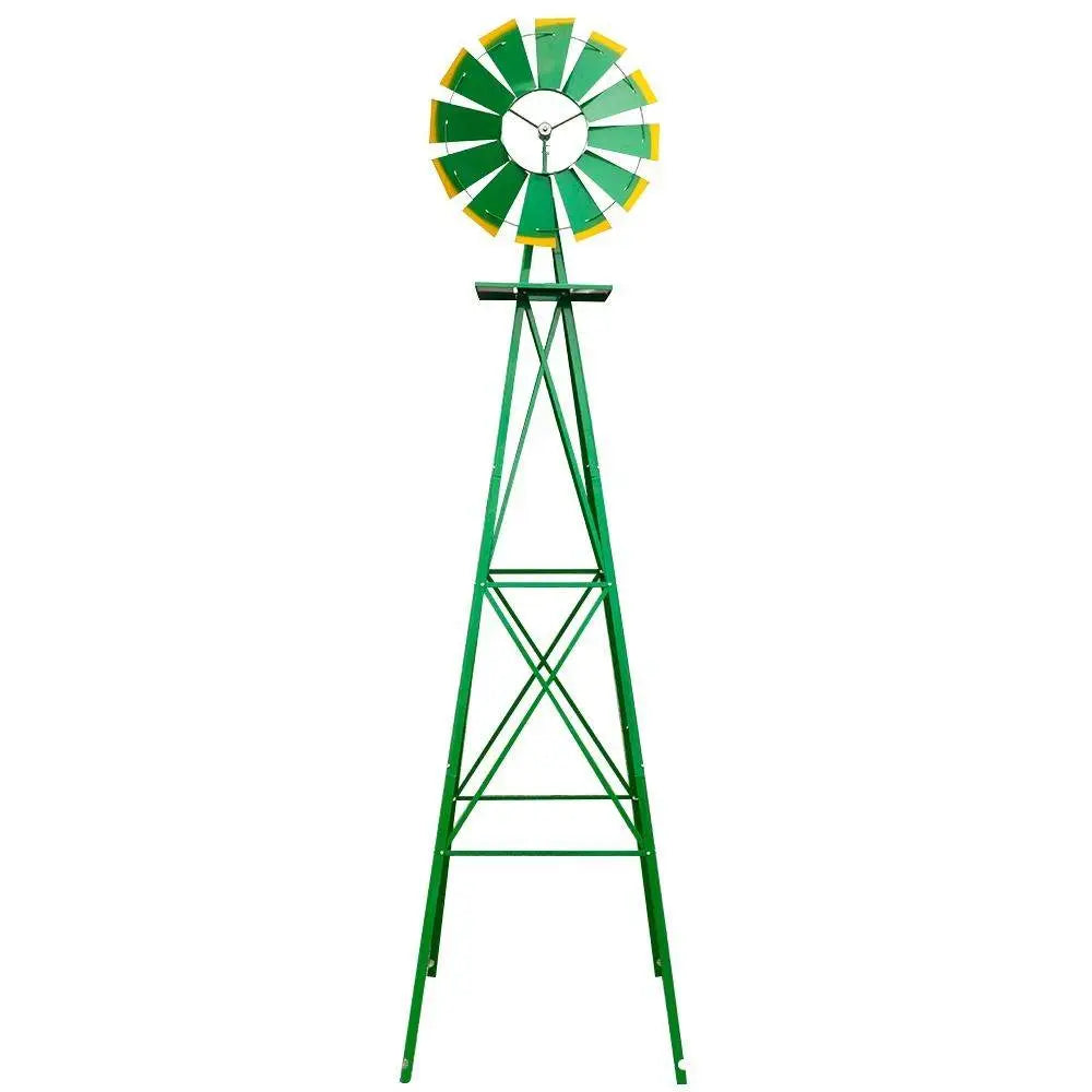 8ft Green Iron Garden Windmill with Weathervane – Outdoor Decorative Spinner, 4-Leg Vertical Yard Ornament | BRG - BRG | Backyard Raise & Grow - 8ft windmill, decorative yard spinner, farmhouse decor, garden windmill, green windmill, iron windmill, outdoor windmill, vertical garden decor, weathervane