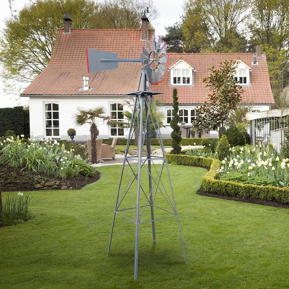 8ft Green Iron Garden Windmill with Weathervane – Outdoor Decorative Spinner, 4-Leg Vertical Yard Ornament | BRG - BRG | Backyard Raise & Grow - 8ft windmill, decorative yard spinner, farmhouse decor, garden windmill, green windmill, iron windmill, outdoor windmill, vertical garden decor, weathervane