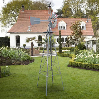 8ft Green Iron Garden Windmill with Weathervane – Outdoor Decorative Spinner, 4-Leg Vertical Yard Ornament | BRG - BRG | Backyard Raise & Grow - 8ft windmill, decorative yard spinner, farmhouse decor, garden windmill, green windmill, iron windmill, outdoor windmill, vertical garden decor, weathervane