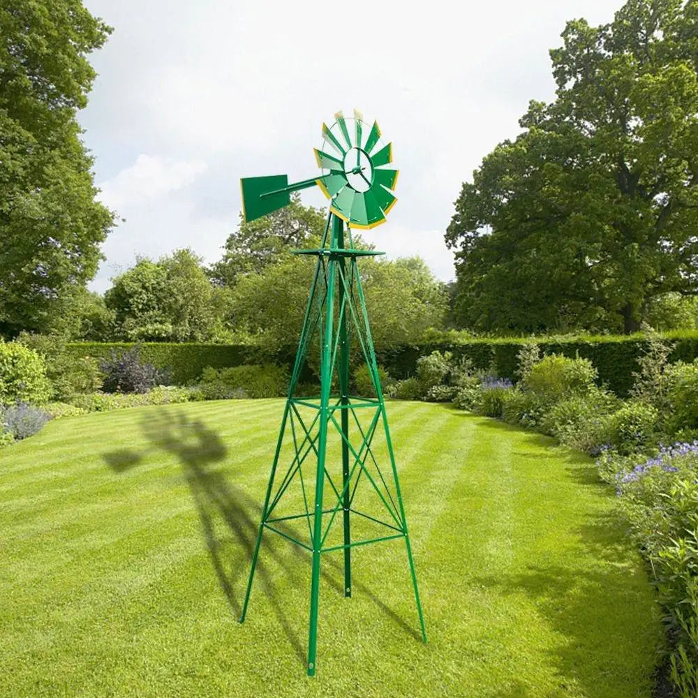 8ft Green Iron Garden Windmill with Weathervane – Outdoor Decorative Spinner, 4-Leg Vertical Yard Ornament | BRG - BRG | Backyard Raise & Grow - 8ft windmill, decorative yard spinner, farmhouse decor, garden windmill, green windmill, iron windmill, outdoor windmill, vertical garden decor, weathervane