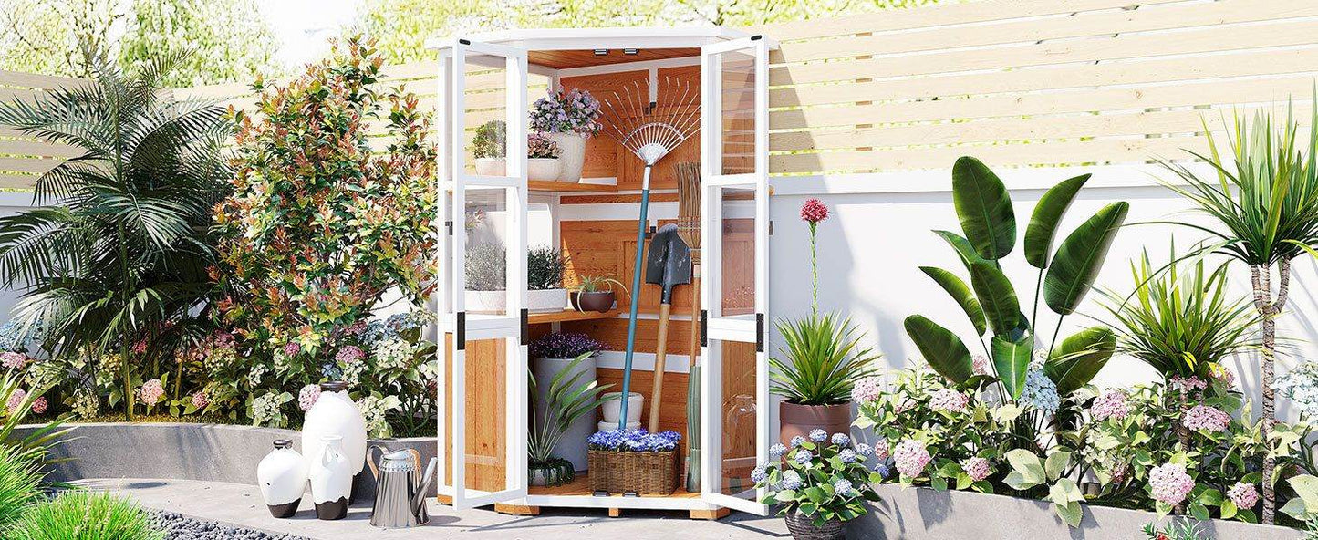 TOPMAX 63'' Garden Wood Storage Cabinet – Outdoor Mini Greenhouse Shed with Waterproof Roof, Lockable Doors & Adjustable Shelves | BRG - BRG | Backyard Raise & Grow - backyard greenhouse, cold frame shed, fir wood greenhouse, garden storage shed, mini greenhouse, outdoor storage cabinet, patio tool organizer, TOPMAX shed, waterproof garden shed, wood tool cabinet
