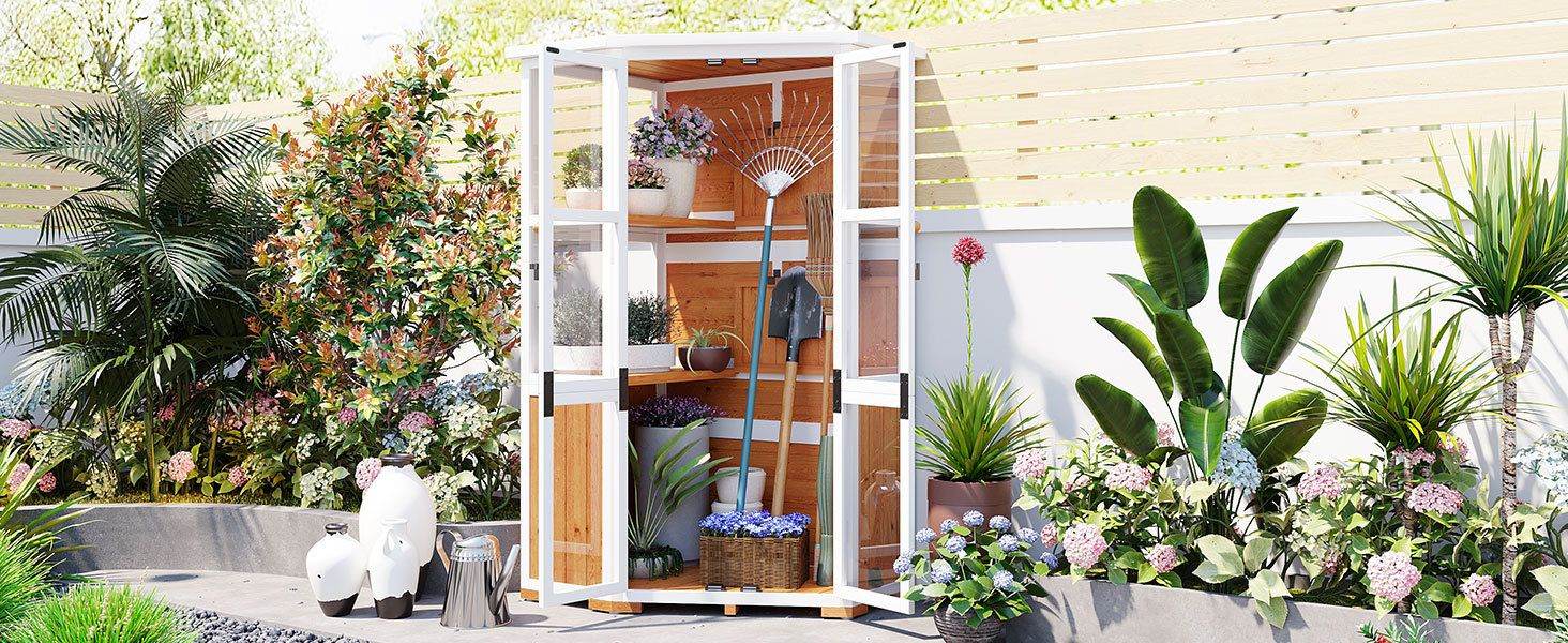 TOPMAX 63'' Garden Wood Storage Cabinet – Outdoor Mini Greenhouse Shed with Waterproof Roof, Lockable Doors & Adjustable Shelves | BRG - BRG | Backyard Raise & Grow - backyard greenhouse, cold frame shed, fir wood greenhouse, garden storage shed, mini greenhouse, outdoor storage cabinet, patio tool organizer, TOPMAX shed, waterproof garden shed, wood tool cabinet