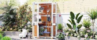TOPMAX 63'' Garden Wood Storage Cabinet – Outdoor Mini Greenhouse Shed with Waterproof Roof, Lockable Doors & Adjustable Shelves | BRG - BRG | Backyard Raise & Grow - backyard greenhouse, cold frame shed, fir wood greenhouse, garden storage shed, mini greenhouse, outdoor storage cabinet, patio tool organizer, TOPMAX shed, waterproof garden shed, wood tool cabinet