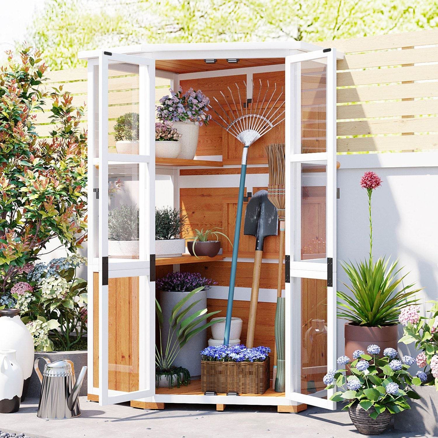 TOPMAX 63'' Garden Wood Storage Cabinet – Outdoor Mini Greenhouse Shed with Waterproof Roof, Lockable Doors & Adjustable Shelves | BRG - BRG | Backyard Raise & Grow - backyard greenhouse, cold frame shed, fir wood greenhouse, garden storage shed, mini greenhouse, outdoor storage cabinet, patio tool organizer, TOPMAX shed, waterproof garden shed, wood tool cabinet