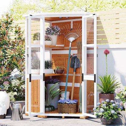 TOPMAX 63'' Garden Wood Storage Cabinet – Outdoor Mini Greenhouse Shed with Waterproof Roof, Lockable Doors & Adjustable Shelves | BRG - BRG | Backyard Raise & Grow - backyard greenhouse, cold frame shed, fir wood greenhouse, garden storage shed, mini greenhouse, outdoor storage cabinet, patio tool organizer, TOPMAX shed, waterproof garden shed, wood tool cabinet
