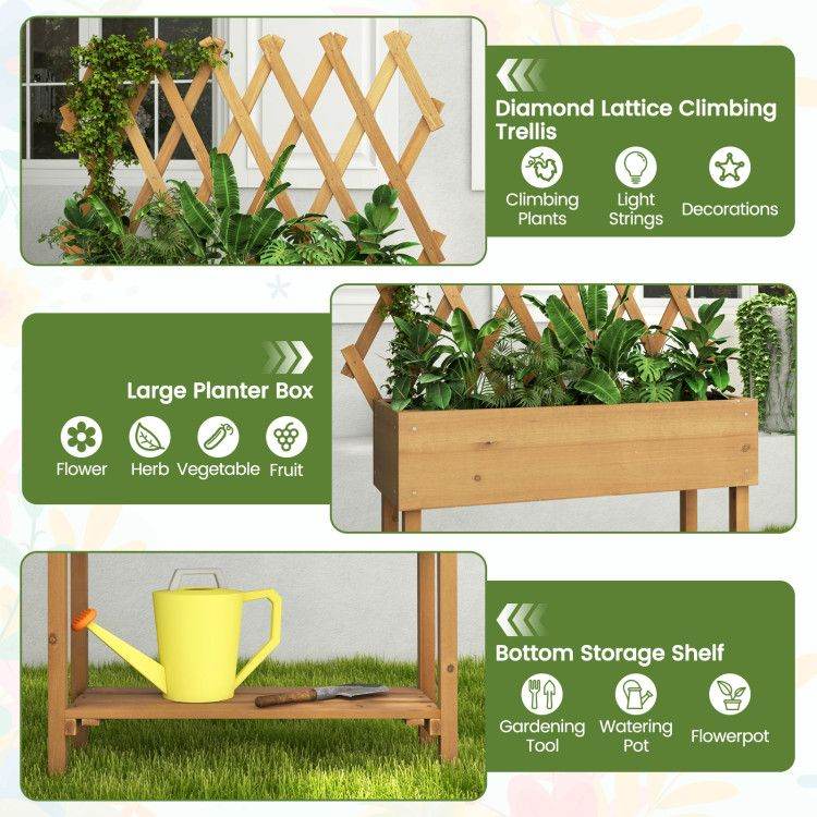 Wooden Raised Garden Bed Mobile Elevated Planter Box with Trellis, Bottom Shelf & Lockable Wheels | BRG - BRG | Backyard Raise & Grow - elevated garden box, fir wood planter, garden bed with storage shelf, mobile garden bed, outdoor garden bed with wheels, patio garden planter, raised planter box, trellis vegetable planter, vertical garden box, wooden trellis planter