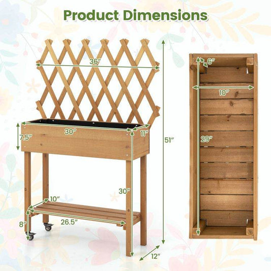 Wooden Raised Garden Bed Mobile Elevated Planter Box with Trellis, Bottom Shelf & Lockable Wheels | BRG - BRG | Backyard Raise & Grow - elevated garden box, fir wood planter, garden bed with storage shelf, mobile garden bed, outdoor garden bed with wheels, patio garden planter, raised planter box, trellis vegetable planter, vertical garden box, wooden trellis planter