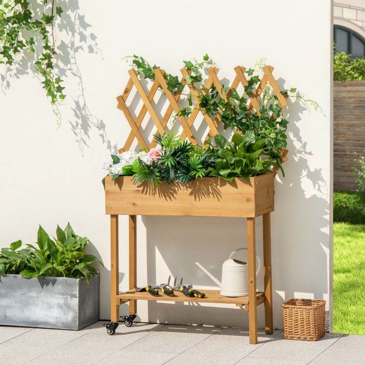 Wooden Raised Garden Bed Mobile Elevated Planter Box with Trellis, Bottom Shelf & Lockable Wheels | BRG - BRG | Backyard Raise & Grow - elevated garden box, fir wood planter, garden bed with storage shelf, mobile garden bed, outdoor garden bed with wheels, patio garden planter, raised planter box, trellis vegetable planter, vertical garden box, wooden trellis planter