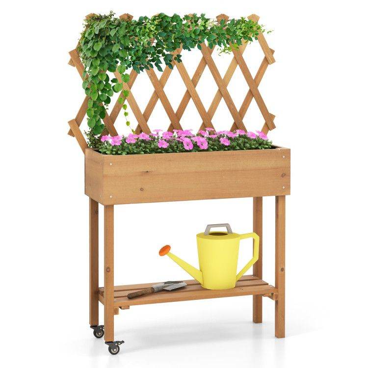 Wooden Raised Garden Bed Mobile Elevated Planter Box with Trellis, Bottom Shelf & Lockable Wheels | BRG - BRG | Backyard Raise & Grow - elevated garden box, fir wood planter, garden bed with storage shelf, mobile garden bed, outdoor garden bed with wheels, patio garden planter, raised planter box, trellis vegetable planter, vertical garden box, wooden trellis planter