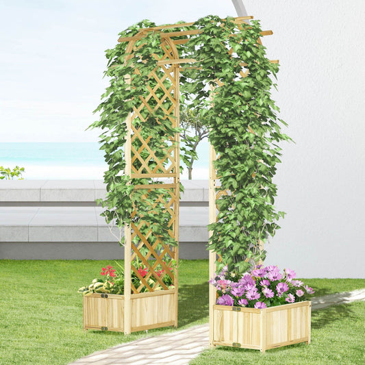 7.5' Wooden Wedding Arch with Built-In Planters for Garden, Vines, Balloons or Event Backdrop | BRG - BRG | Backyard Raise & Grow - balloon stand, event arch frame, floral trellis, garden arbor, natural wood garden arch, outdoor arch with planters, rustic wedding decor, wedding backdrop, wooden arch