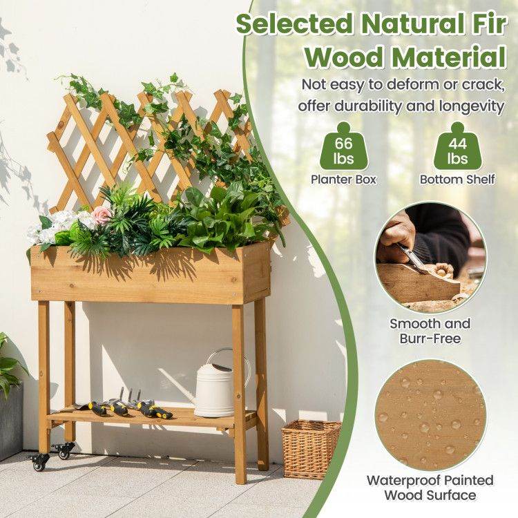 Wooden Raised Garden Bed Mobile Elevated Planter Box with Trellis, Bottom Shelf & Lockable Wheels | BRG - BRG | Backyard Raise & Grow - elevated garden box, fir wood planter, garden bed with storage shelf, mobile garden bed, outdoor garden bed with wheels, patio garden planter, raised planter box, trellis vegetable planter, vertical garden box, wooden trellis planter