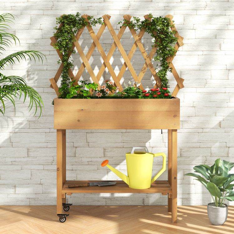 Wooden Raised Garden Bed Mobile Elevated Planter Box with Trellis, Bottom Shelf & Lockable Wheels | BRG - BRG | Backyard Raise & Grow - elevated garden box, fir wood planter, garden bed with storage shelf, mobile garden bed, outdoor garden bed with wheels, patio garden planter, raised planter box, trellis vegetable planter, vertical garden box, wooden trellis planter