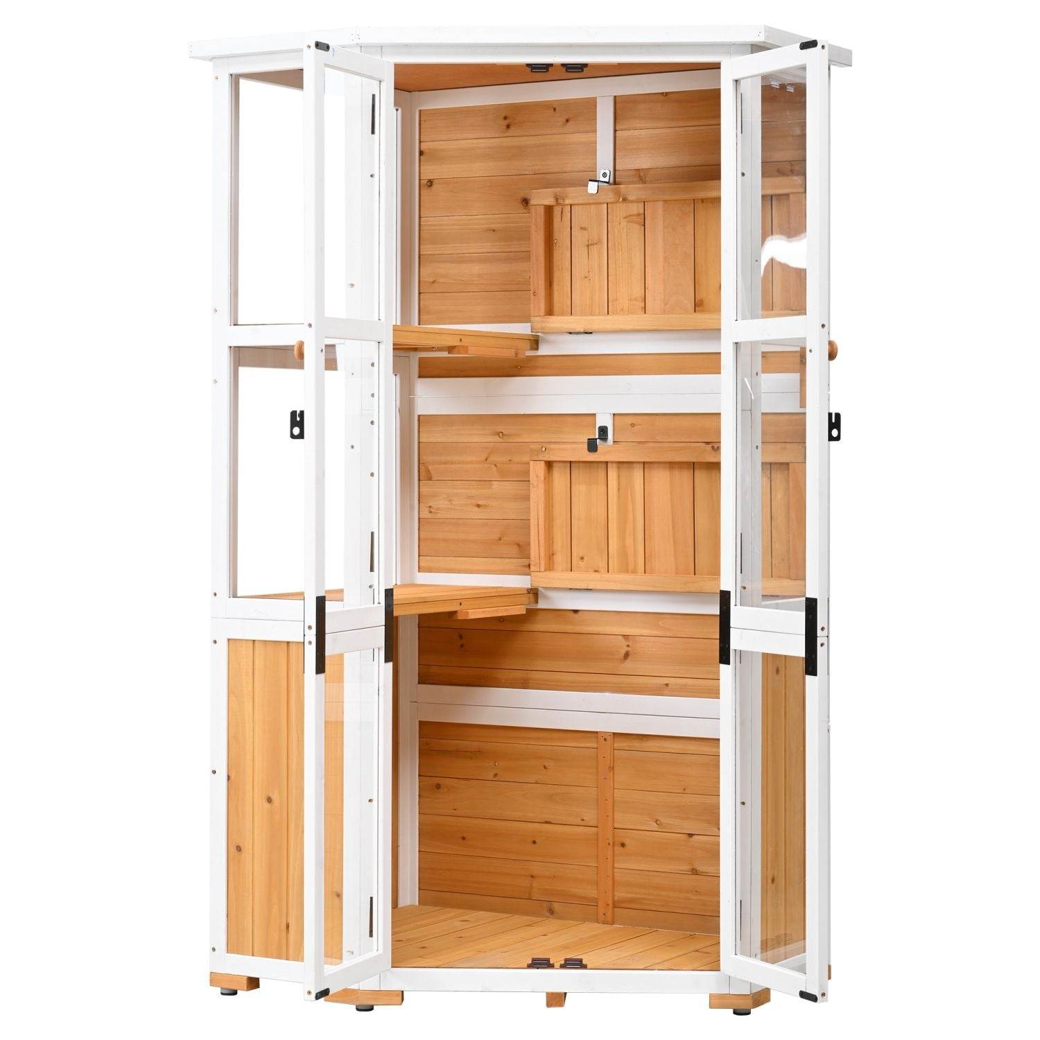 TOPMAX 63'' Garden Wood Storage Cabinet – Outdoor Mini Greenhouse Shed with Waterproof Roof, Lockable Doors & Adjustable Shelves | BRG - BRG | Backyard Raise & Grow - backyard greenhouse, cold frame shed, fir wood greenhouse, garden storage shed, mini greenhouse, outdoor storage cabinet, patio tool organizer, TOPMAX shed, waterproof garden shed, wood tool cabinet