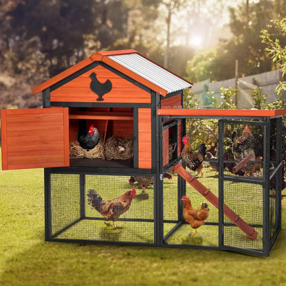 Durable Wood and Iron Chicken Coop with Runway and Waterproof Roof, Built-in Nesting Box, Holds 5–7 Chickens| BRG - BRG | Backyard Raise & Grow - 5-7 chicken house, backyard chicken run, chicken coop, durable chicken enclosure, metal and wood chicken coop, nesting box, outdoor poultry house, predator-proof coop, PVC roof coop, waterproof chicken coop