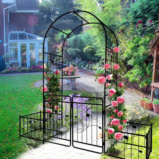 Metal Garden Arch with Gate – 79.5'' Wide x 86.6'' High, Black Climbing Plant Support Arbor with Side Planters | BRG - BRG | Backyard Raise & Grow - black garden arch, climbing plant trellis, flower arch stand, garden arch, gated garden arbor, metal arbor, outdoor archway with gate, plant support frame, rose arch