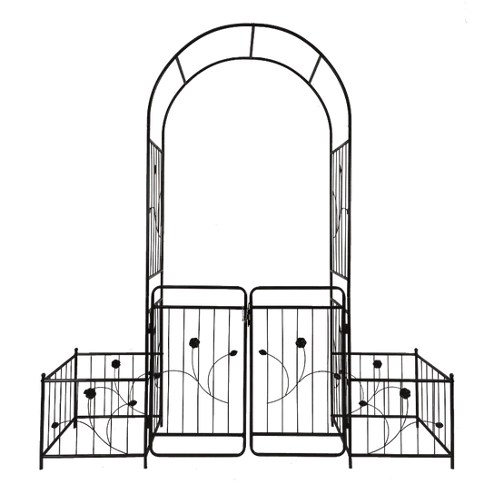 Metal Garden Arch with Gate – 79.5'' Wide x 86.6'' High, Black Climbing Plant Support Arbor with Side Planters | BRG - BRG | Backyard Raise & Grow - black garden arch, climbing plant trellis, flower arch stand, garden arch, gated garden arbor, metal arbor, outdoor archway with gate, plant support frame, rose arch