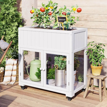 TOPMAX Patio 35.4''x17.7''x37.4'' Mini Wood Cold Frame, Compact 2 Doors Garden Greenhouse with Wheels, Raised Bed with Liner | BRG - BRG | Backyard Raise & Grow - balcony garden, cold frame, compact greenhouse, fir wood greenhouse, mini greenhouse, patio cold frame, raised garden bed, wheeled planter