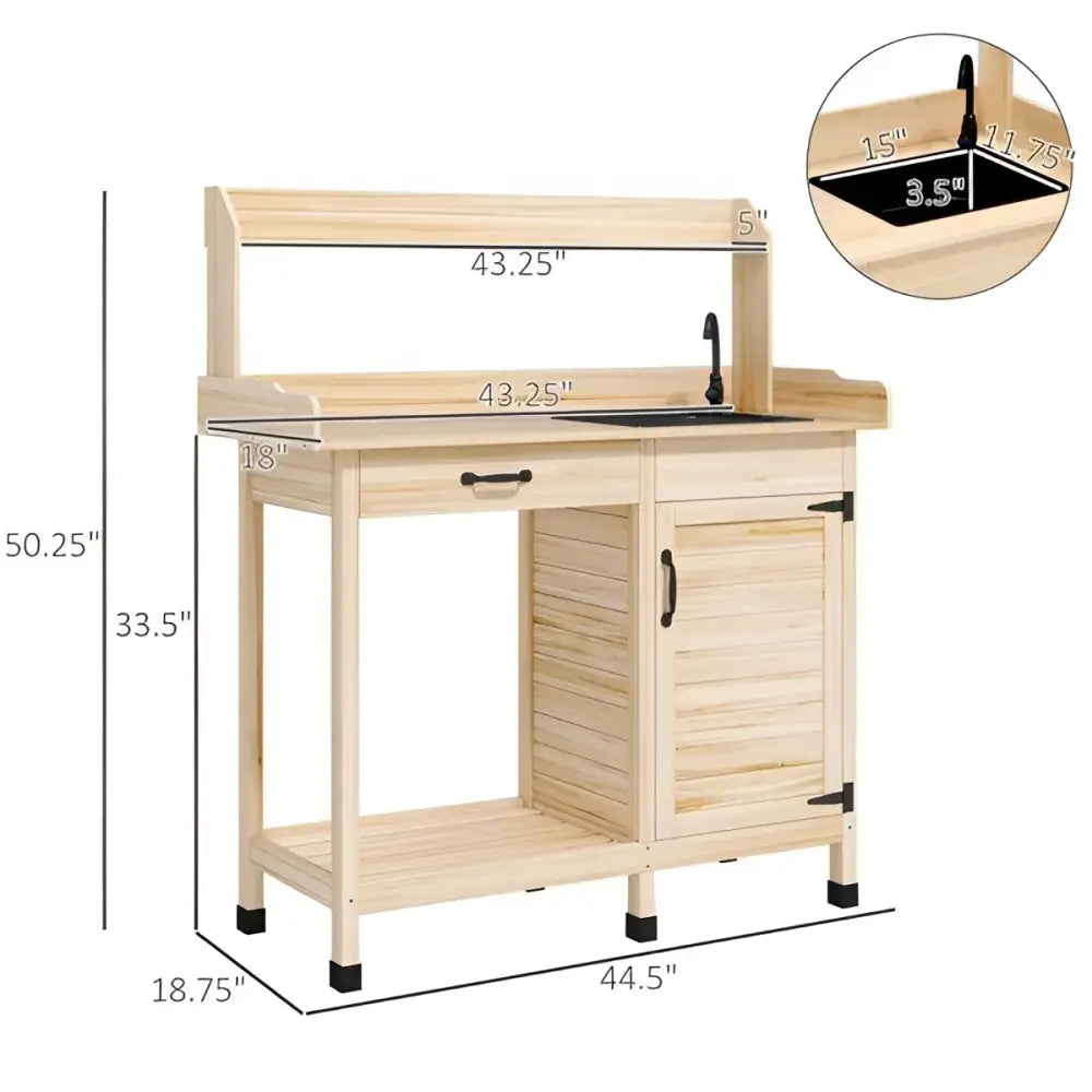 Natural Wood Outdoor Potting Bench with Sink, Cabinet & Hooks | Garden Workstation | BRG - BRG | Backyard Raise & Grow - backyard potting bench, garden bench with faucet, garden cabinet, gardening table, outdoor garden bench, outdoor potting table, plant potting station, potting bench with sink, raised planter bench, wood garden workstation