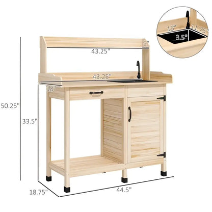Natural Wood Outdoor Potting Bench with Sink, Cabinet & Hooks | Garden Workstation | BRG - BRG | Backyard Raise & Grow - backyard potting bench, garden bench with faucet, garden cabinet, gardening table, outdoor garden bench, outdoor potting table, plant potting station, potting bench with sink, raised planter bench, wood garden workstation