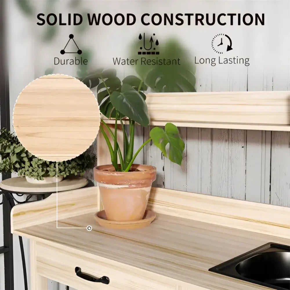 Natural Wood Outdoor Potting Bench with Sink, Cabinet & Hooks | Garden Workstation | BRG - BRG | Backyard Raise & Grow - backyard potting bench, garden bench with faucet, garden cabinet, gardening table, outdoor garden bench, outdoor potting table, plant potting station, potting bench with sink, raised planter bench, wood garden workstation