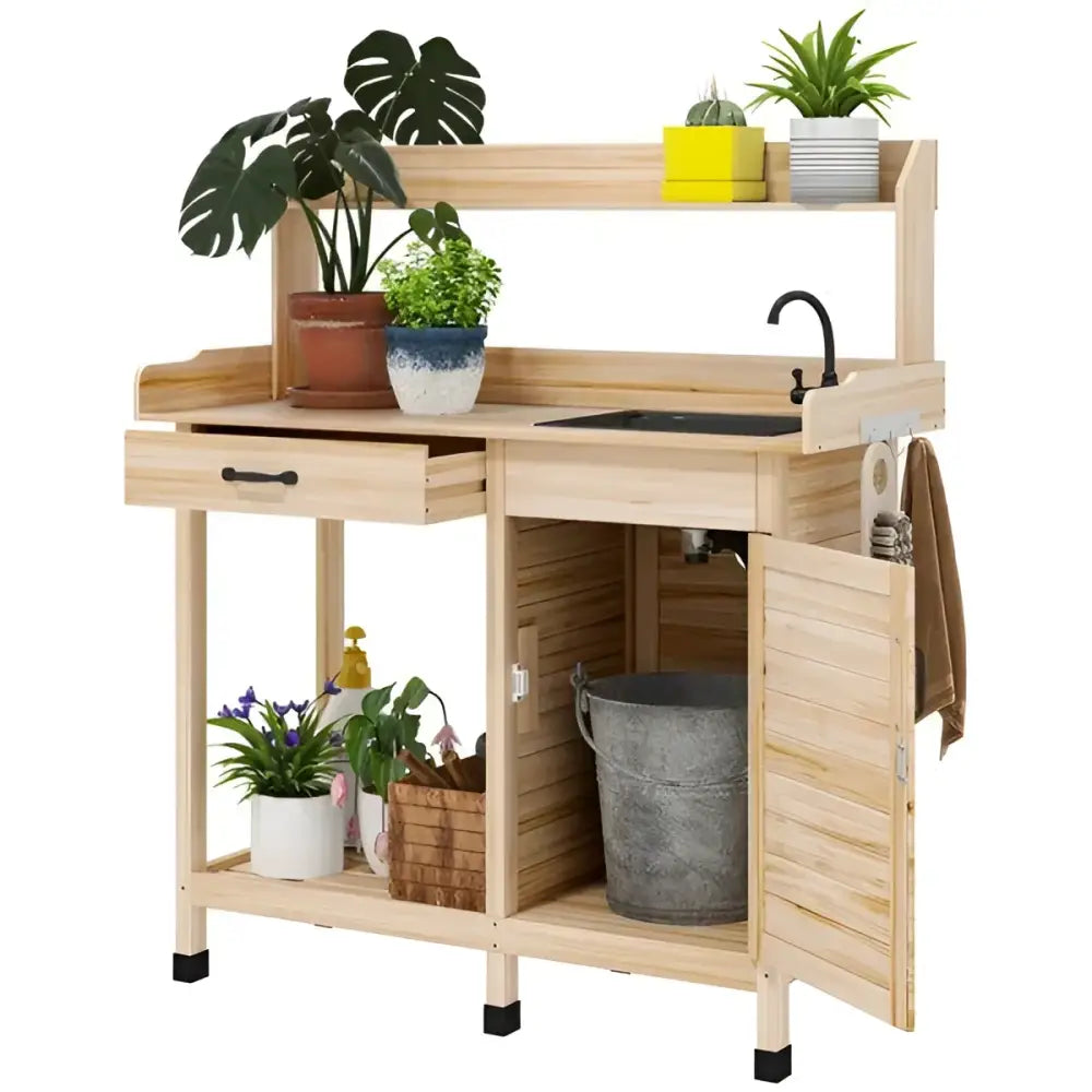 Natural Wood Outdoor Potting Bench with Sink, Cabinet & Hooks | Garden Workstation | BRG - BRG | Backyard Raise & Grow - backyard potting bench, garden bench with faucet, garden cabinet, gardening table, outdoor garden bench, outdoor potting table, plant potting station, potting bench with sink, raised planter bench, wood garden workstation