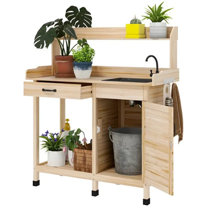 Natural Wood Outdoor Potting Bench with Sink, Cabinet & Hooks | Garden Workstation | BRG - BRG | Backyard Raise & Grow - backyard potting bench, garden bench with faucet, garden cabinet, gardening table, outdoor garden bench, outdoor potting table, plant potting station, potting bench with sink, raised planter bench, wood garden workstation