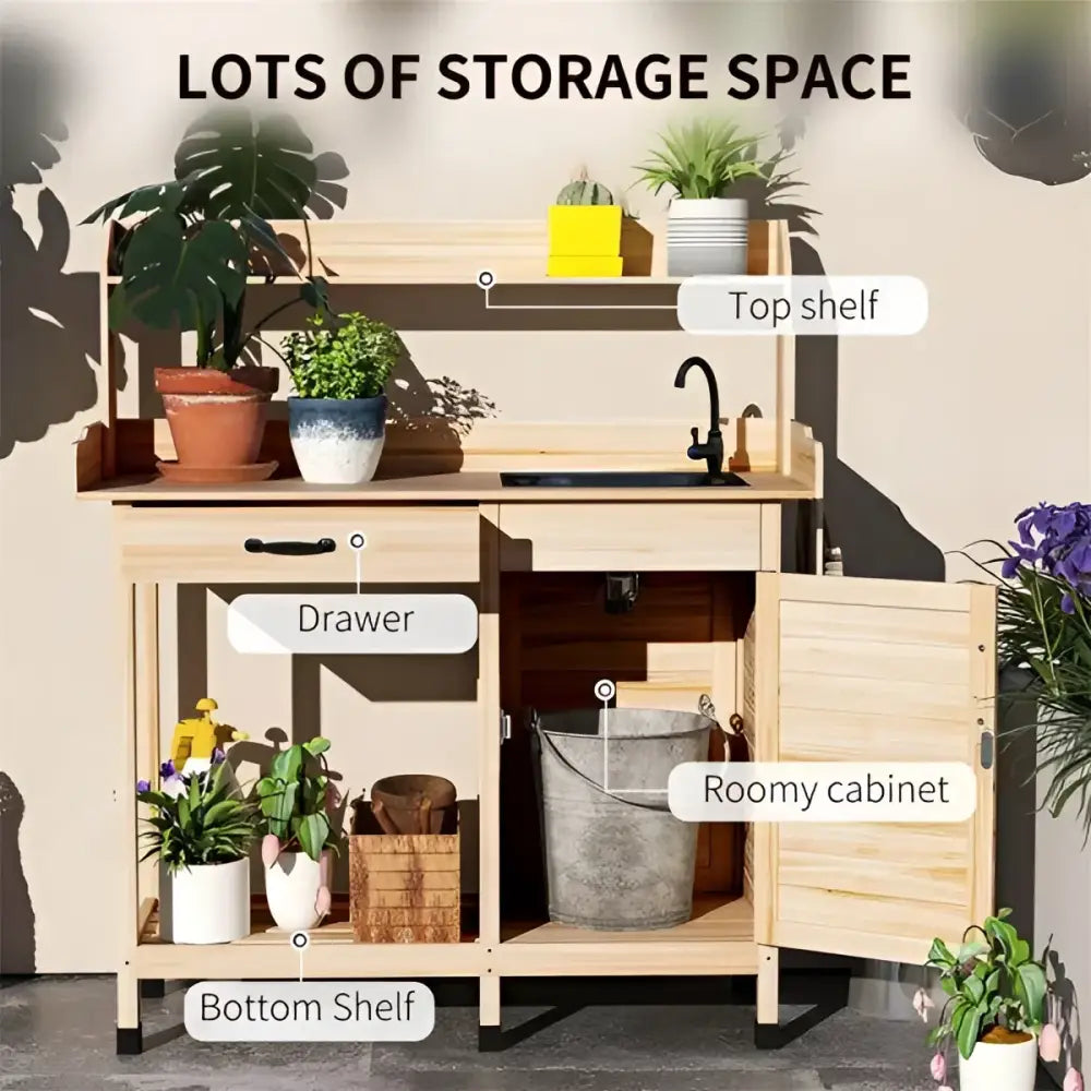 Natural Wood Outdoor Potting Bench with Sink, Cabinet & Hooks | Garden Workstation | BRG - BRG | Backyard Raise & Grow - backyard potting bench, garden bench with faucet, garden cabinet, gardening table, outdoor garden bench, outdoor potting table, plant potting station, potting bench with sink, raised planter bench, wood garden workstation