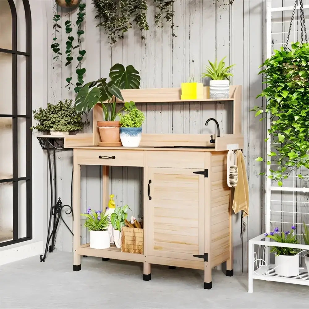 Natural Wood Outdoor Potting Bench with Sink, Cabinet & Hooks | Garden Workstation | BRG - BRG | Backyard Raise & Grow - backyard potting bench, garden bench with faucet, garden cabinet, gardening table, outdoor garden bench, outdoor potting table, plant potting station, potting bench with sink, raised planter bench, wood garden workstation