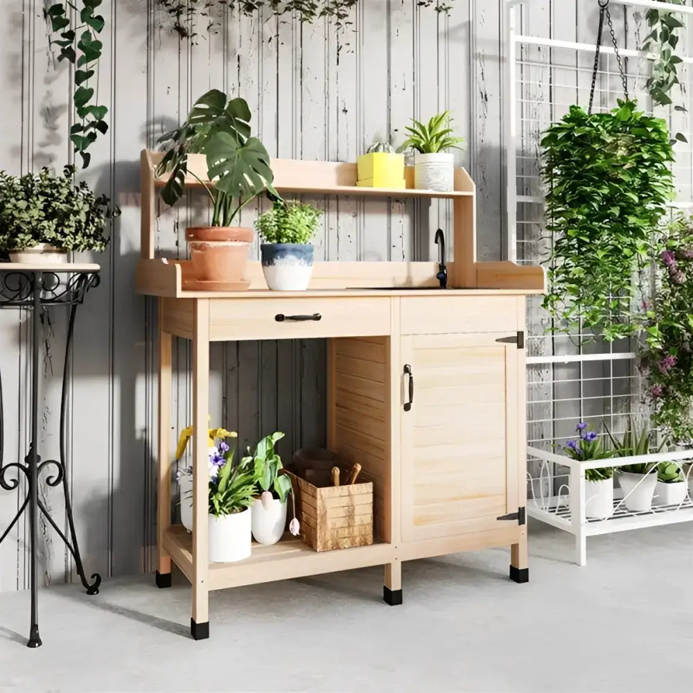 Natural Wood Outdoor Potting Bench with Sink, Cabinet & Hooks | Garden Workstation | BRG - BRG | Backyard Raise & Grow - backyard potting bench, garden bench with faucet, garden cabinet, gardening table, outdoor garden bench, outdoor potting table, plant potting station, potting bench with sink, raised planter bench, wood garden workstation