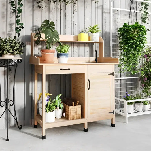 Natural Wood Outdoor Potting Bench with Sink, Cabinet & Hooks | Garden Workstation | BRG - BRG | Backyard Raise & Grow - backyard potting bench, garden bench with faucet, garden cabinet, gardening table, outdoor garden bench, outdoor potting table, plant potting station, potting bench with sink, raised planter bench, wood garden workstation