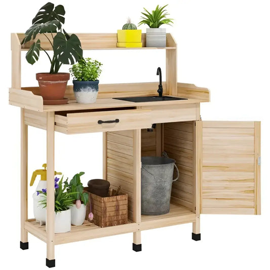 Natural Wood Outdoor Potting Bench with Sink, Cabinet & Hooks | Garden Workstation | BRG - BRG | Backyard Raise & Grow - backyard potting bench, garden bench with faucet, garden cabinet, gardening table, outdoor garden bench, outdoor potting table, plant potting station, potting bench with sink, raised planter bench, wood garden workstation