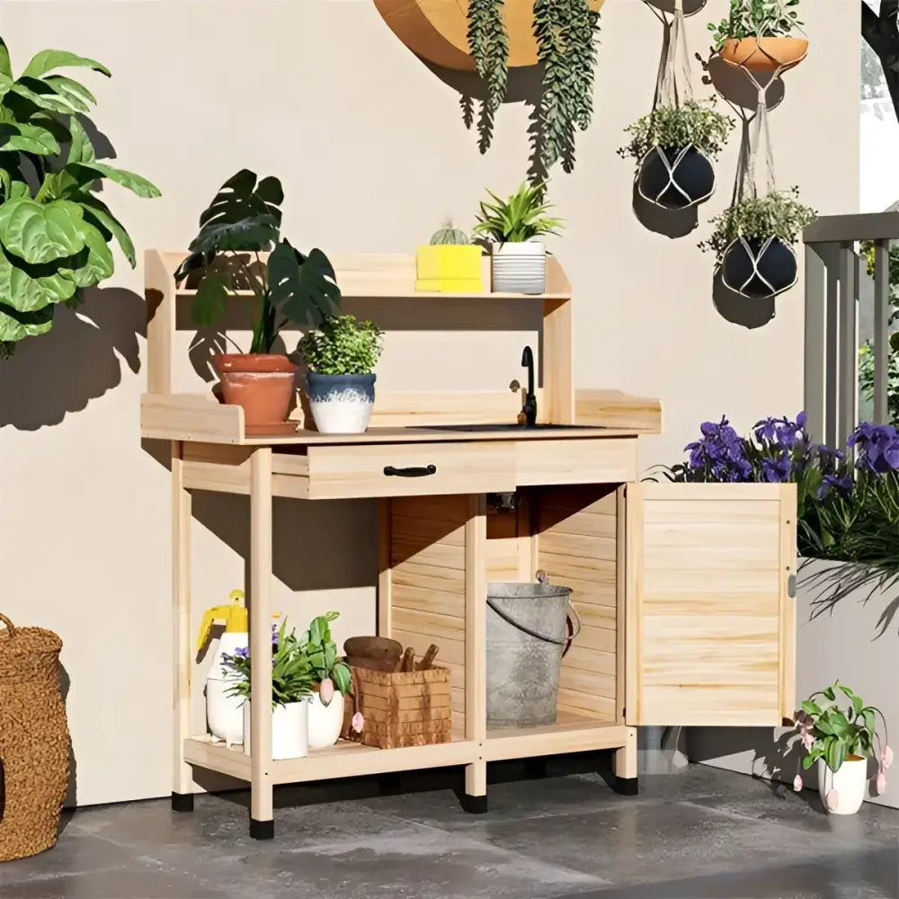 Natural Wood Outdoor Potting Bench with Sink, Cabinet & Hooks | Garden Workstation | BRG - BRG | Backyard Raise & Grow - backyard potting bench, garden bench with faucet, garden cabinet, gardening table, outdoor garden bench, outdoor potting table, plant potting station, potting bench with sink, raised planter bench, wood garden workstation