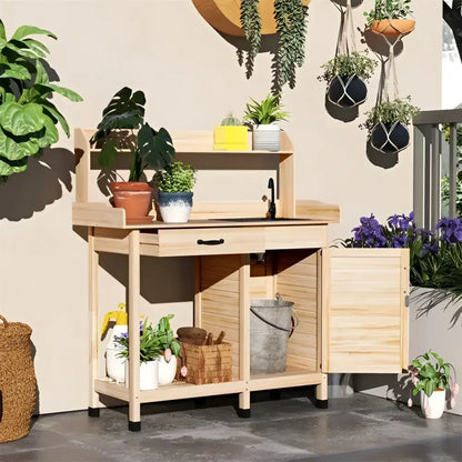 Natural Wood Outdoor Potting Bench with Sink, Cabinet & Hooks | Garden Workstation | BRG - BRG | Backyard Raise & Grow - backyard potting bench, garden bench with faucet, garden cabinet, gardening table, outdoor garden bench, outdoor potting table, plant potting station, potting bench with sink, raised planter bench, wood garden workstation