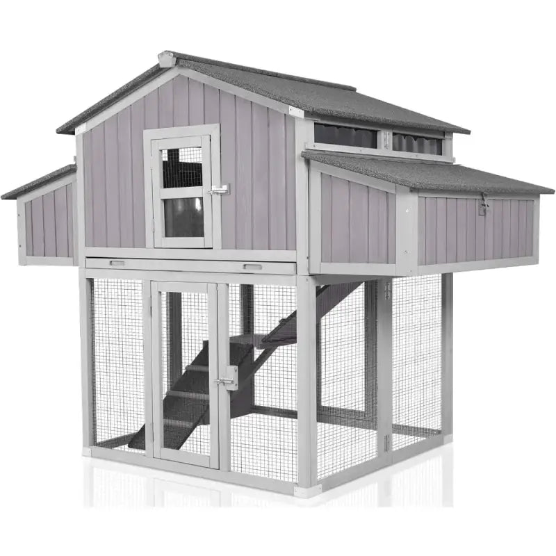 Stylish folding chicken coop for backyard featuring multiple levels and a secure mesh design