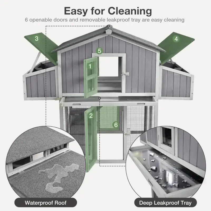 Folding chicken coop for backyard featuring six openable doors and removable leakproof tray for easy cleaning