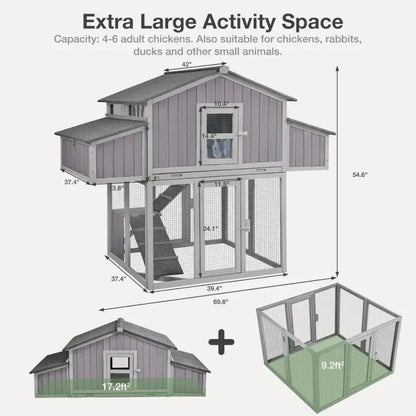 Extra large folding chicken coop for backyard with spacious activity area for chickens and small animals